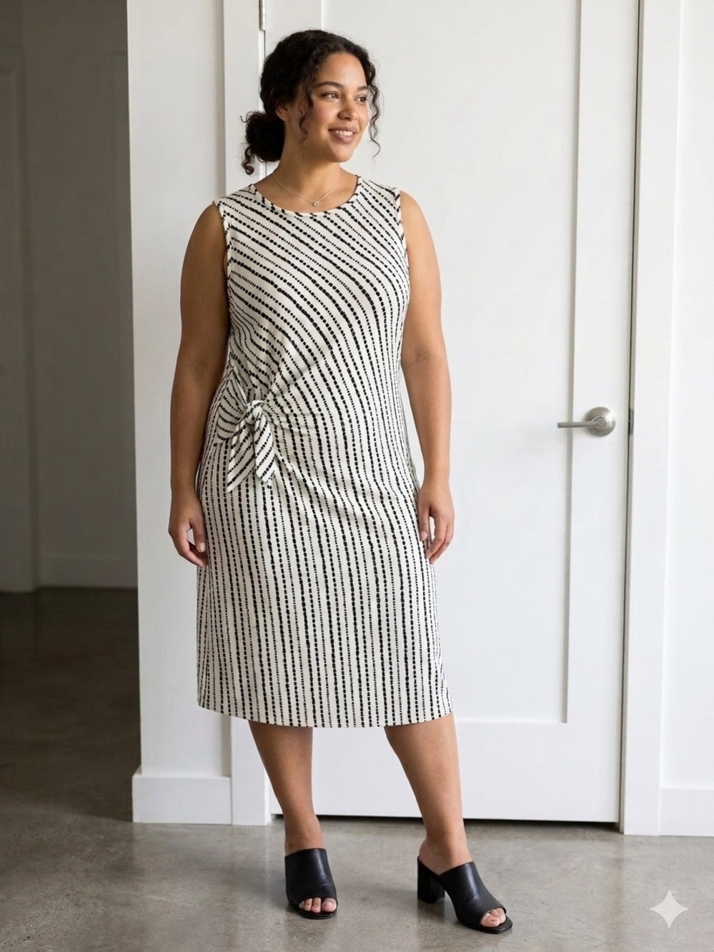 Harper 241 Navy & White Dotted Striped Sleeveless Midi Dress with Side Tie NWT